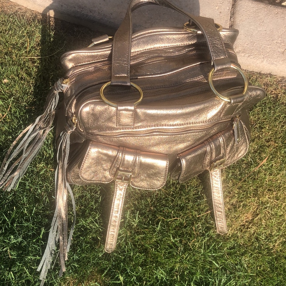 BULGA Shoulder Quality Leather Bag! Metallic Brass Color! Multiple Compartments!